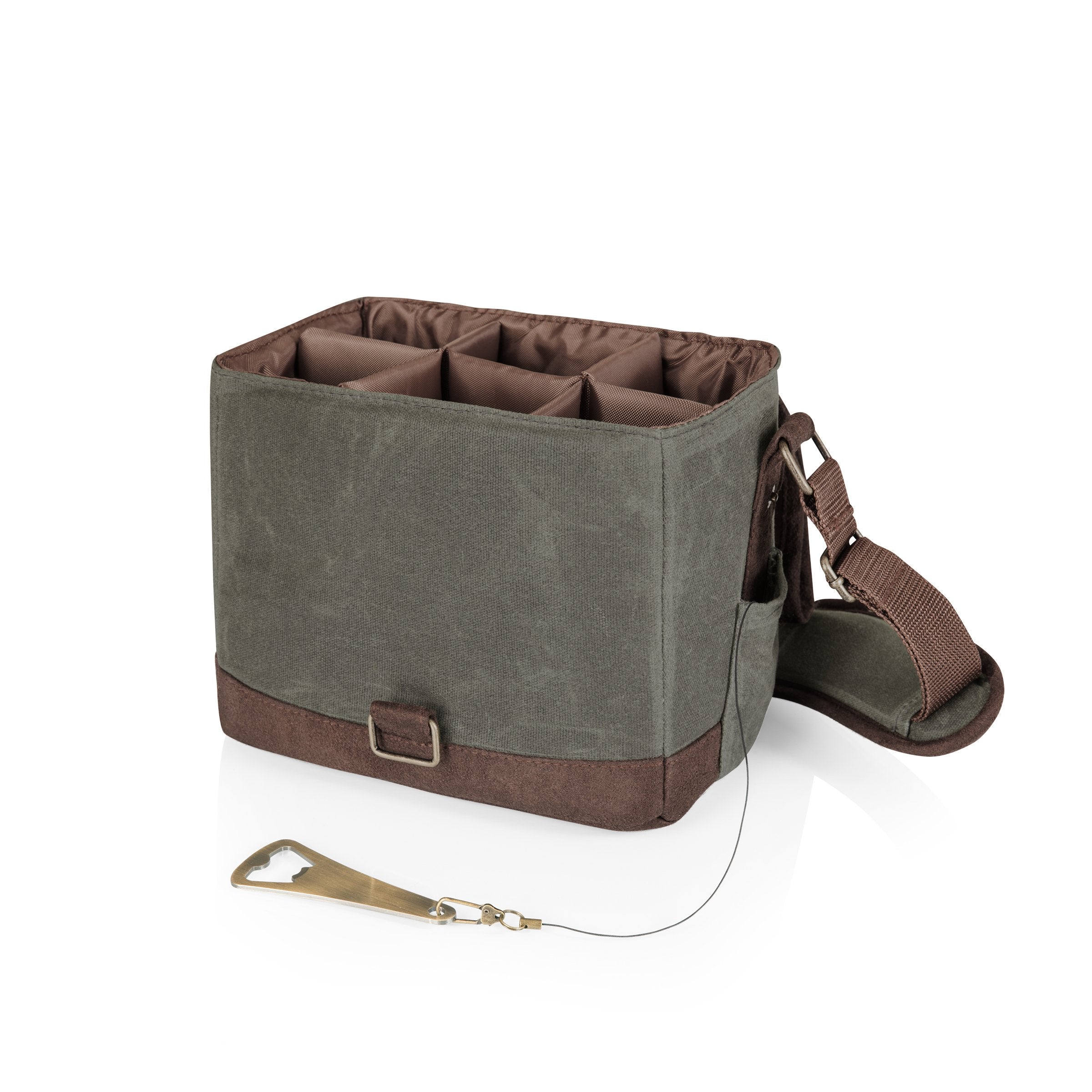 PICNIC TIME beer caddy bottle opener on retractable cord stowed in pocket for convenience