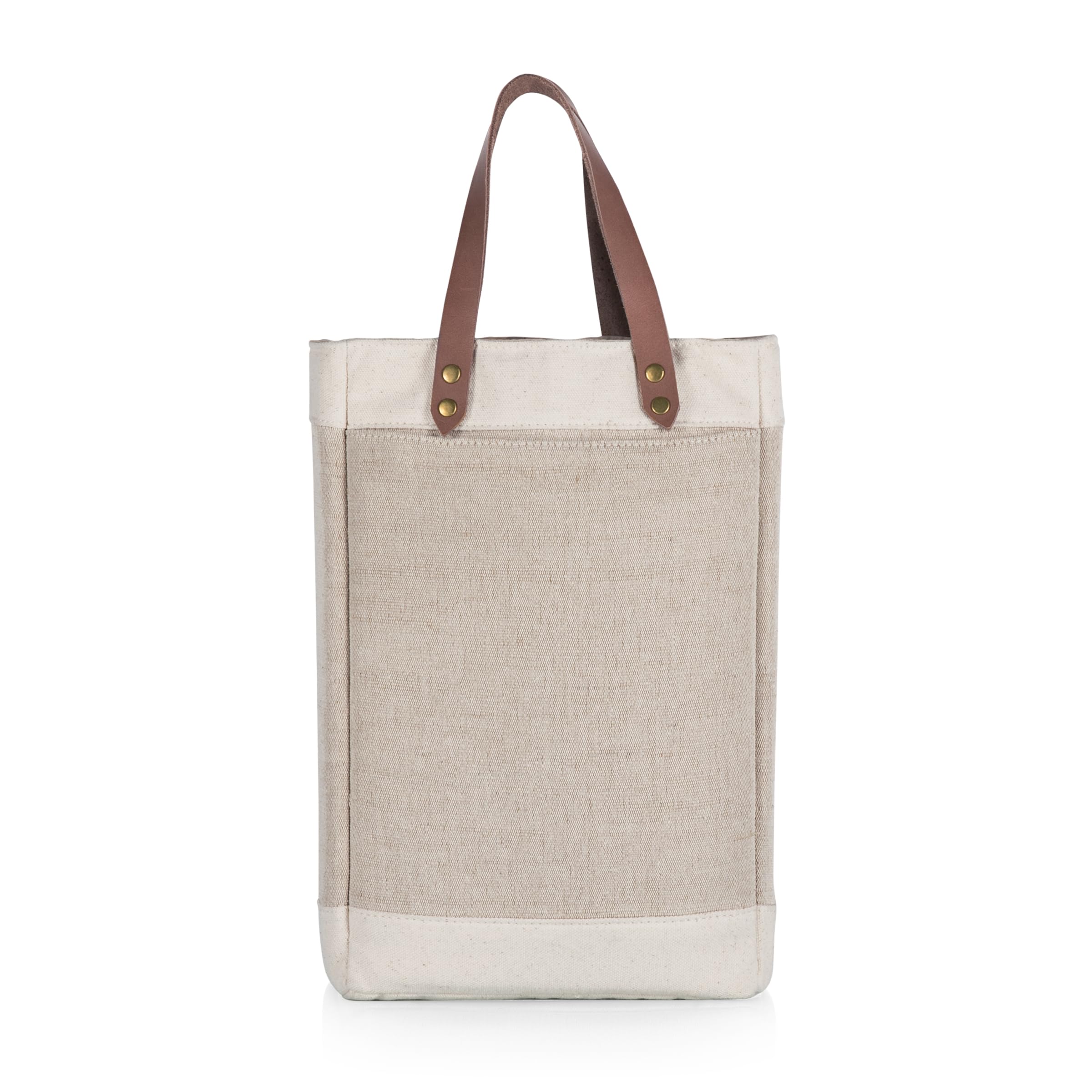 PICNIC TIME front view of insulated wine tote showing stylish jute exterior and structure for safe transport