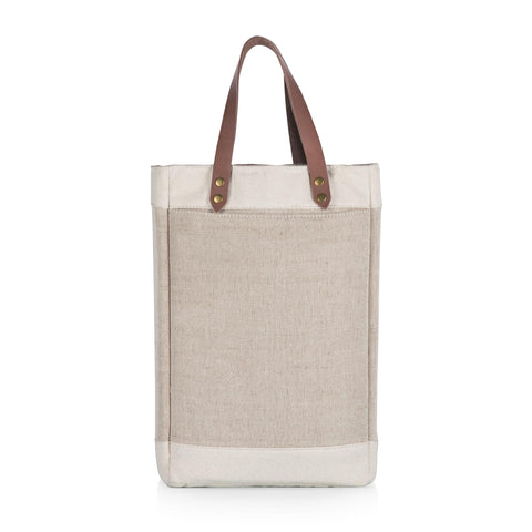PICNIC TIME front view of insulated wine tote showing stylish jute exterior and structure for safe transport