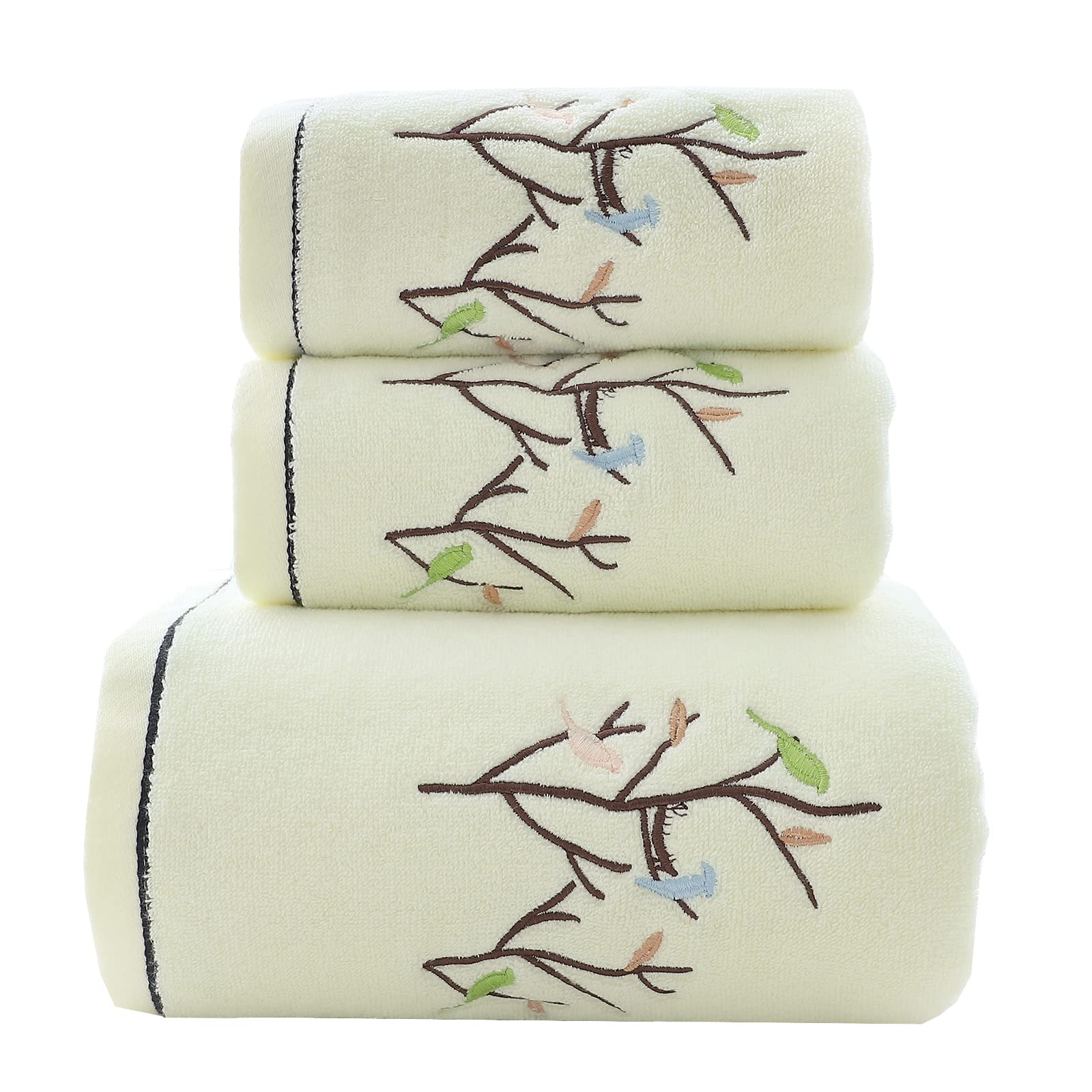 Pidada front view of light-yellow towel set showing decorative birds and trees, enhances bathroom style