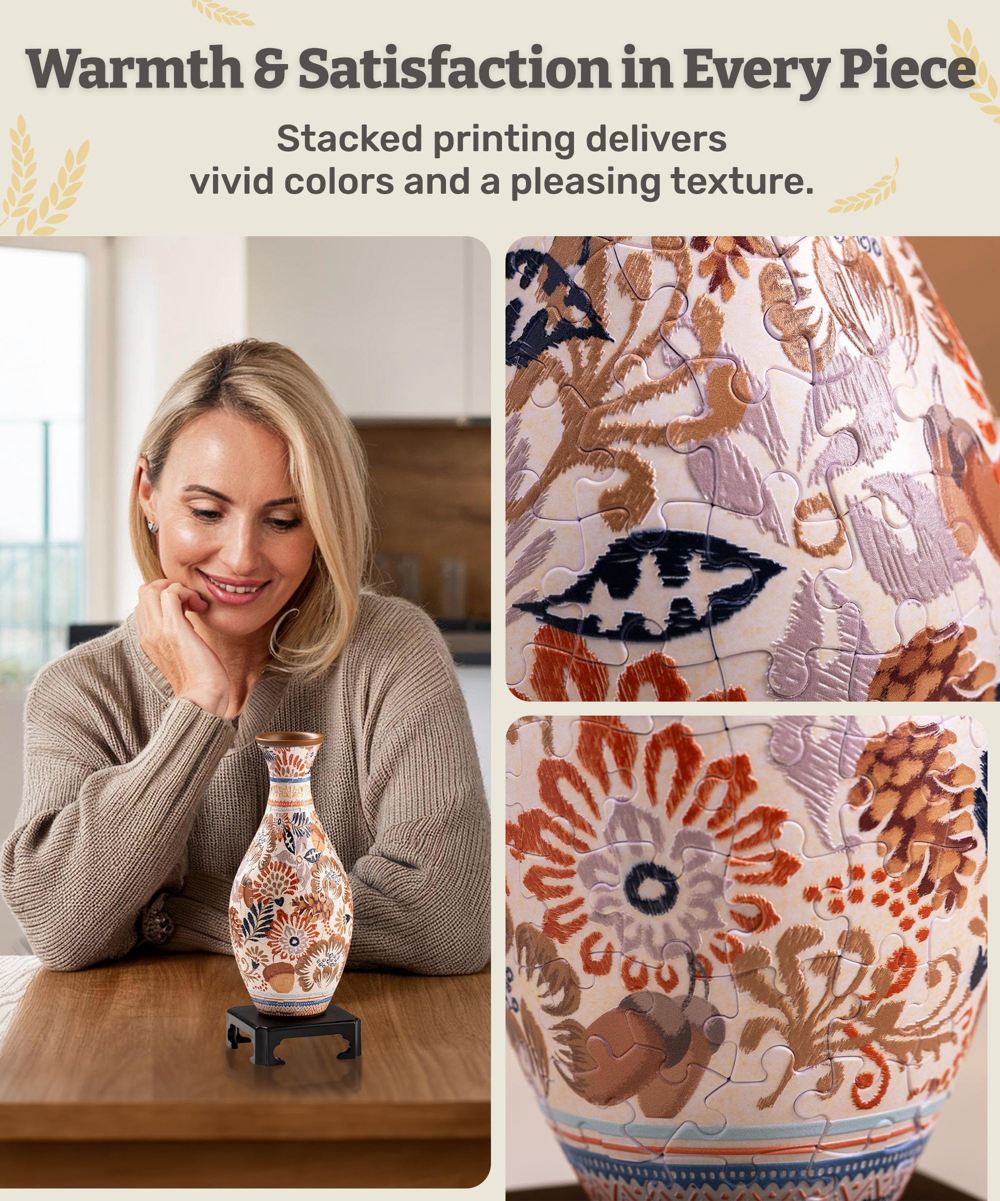 PieceRelax assembled vase front view showcasing Autumn Abundance pattern and display-ready look