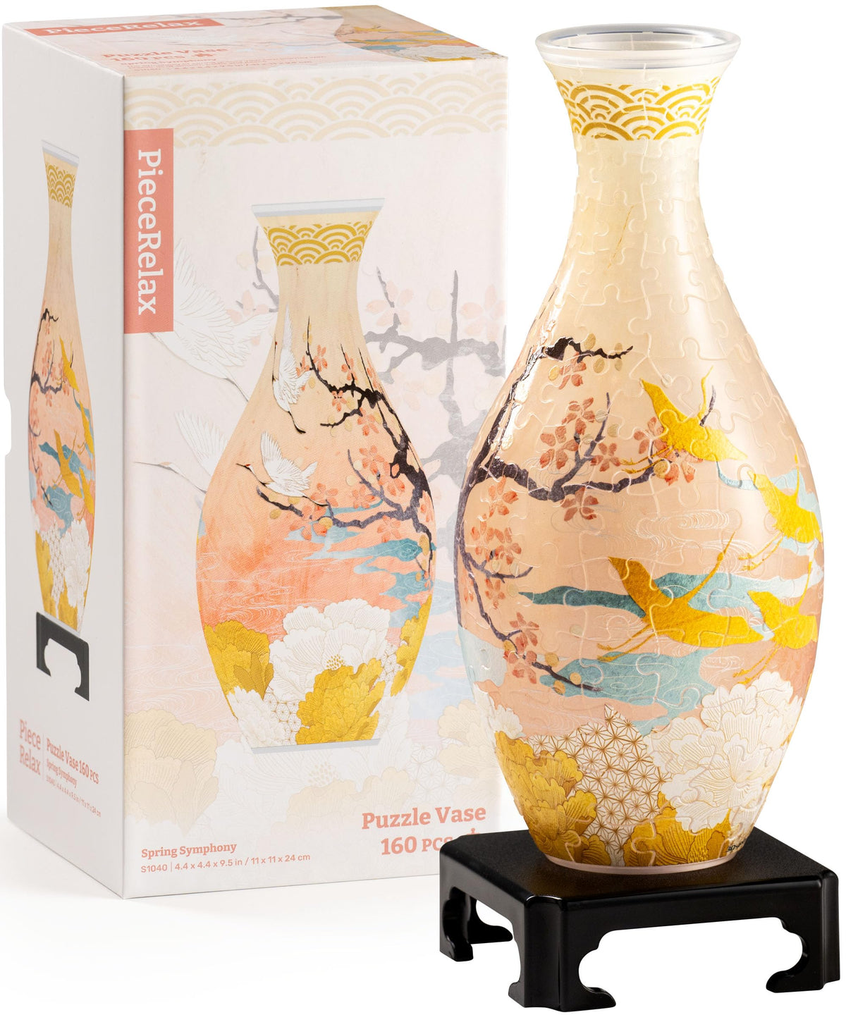 PieceRelax front view of assembled vase showing colorful translucent pattern and display appeal