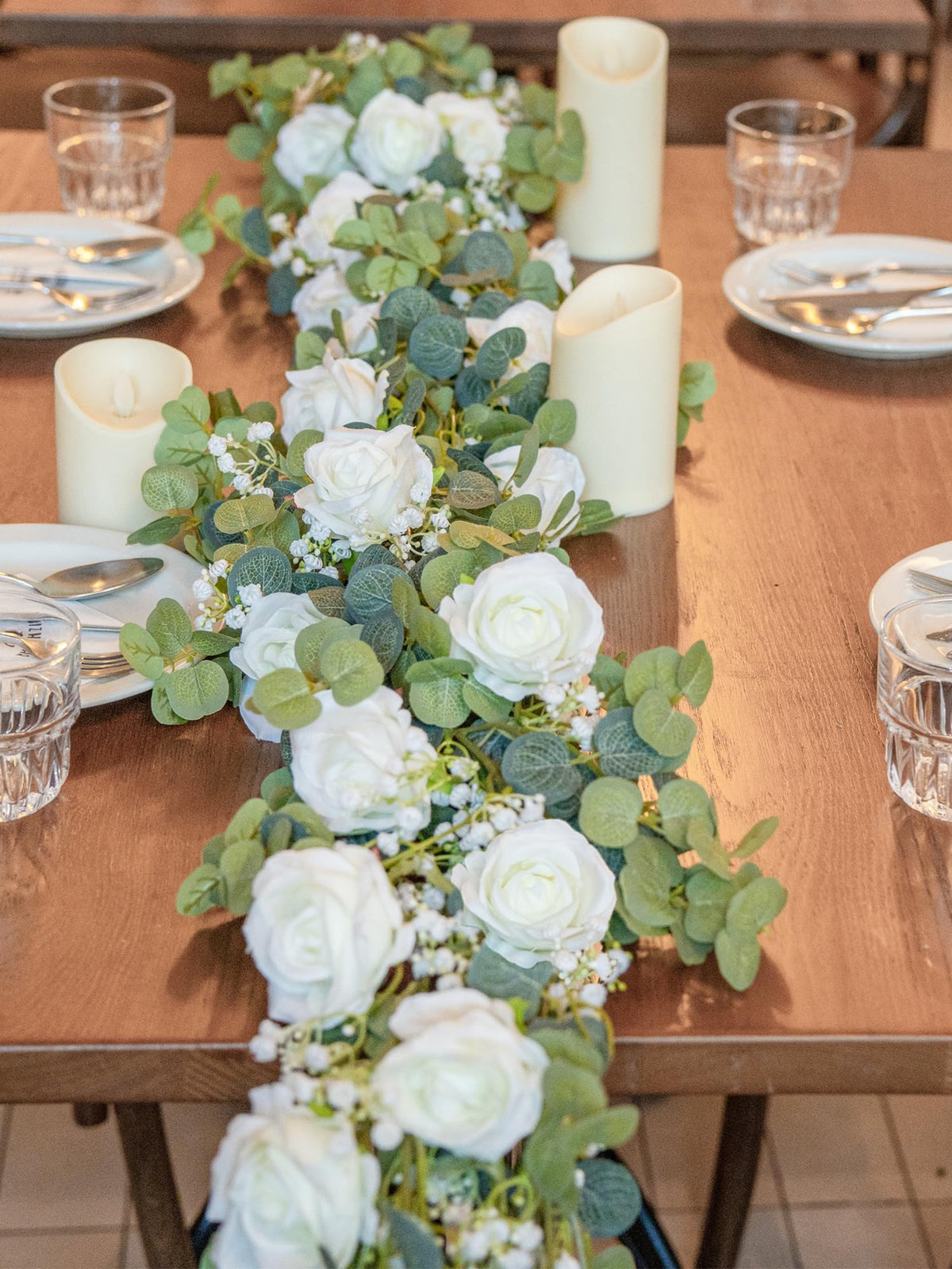 Pieshay front view of 6ft garland showing roses and eucalyptus, adds instant décor elegance