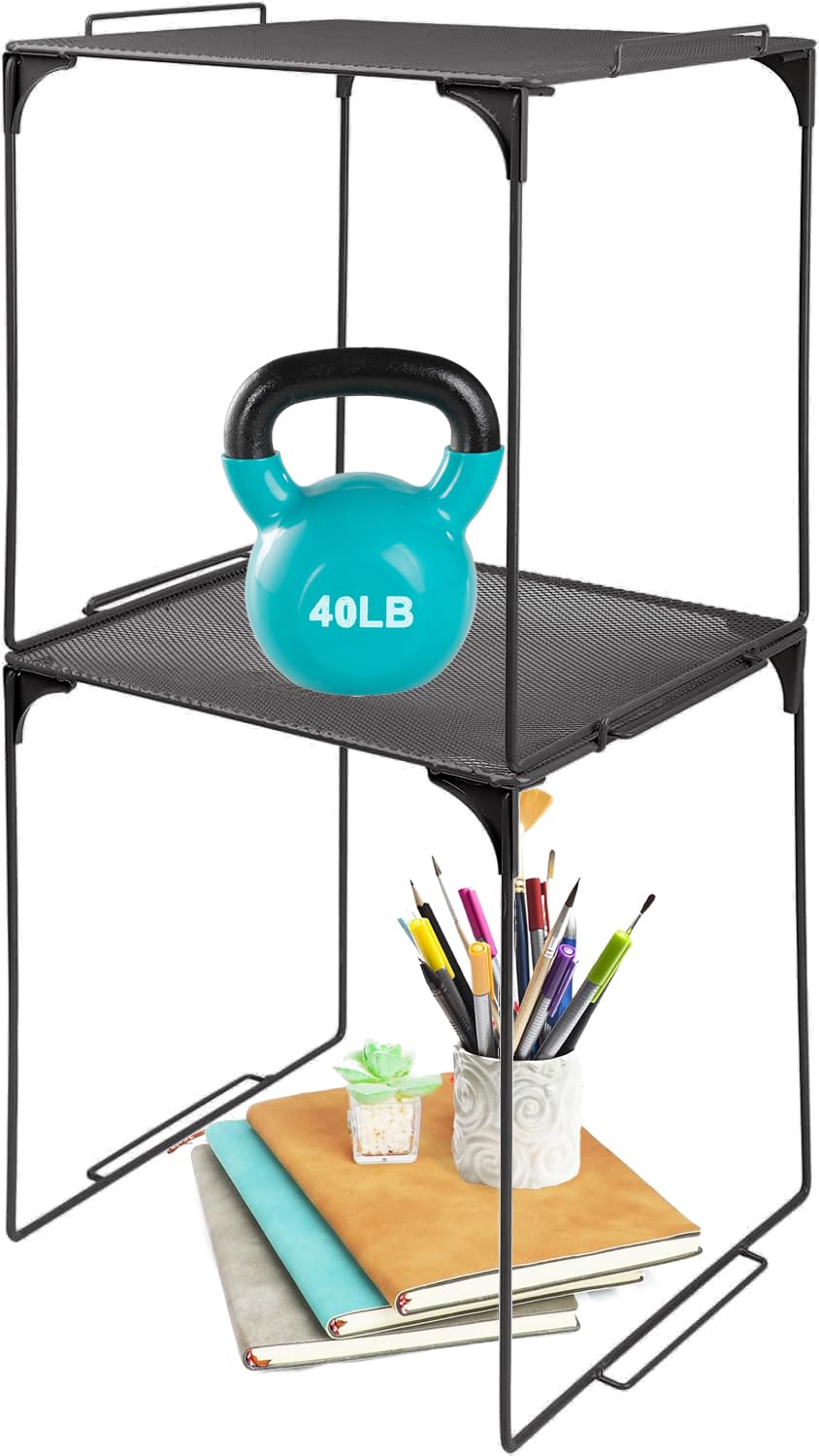 Piffny front view showing two black locker shelves and easy setup benefit