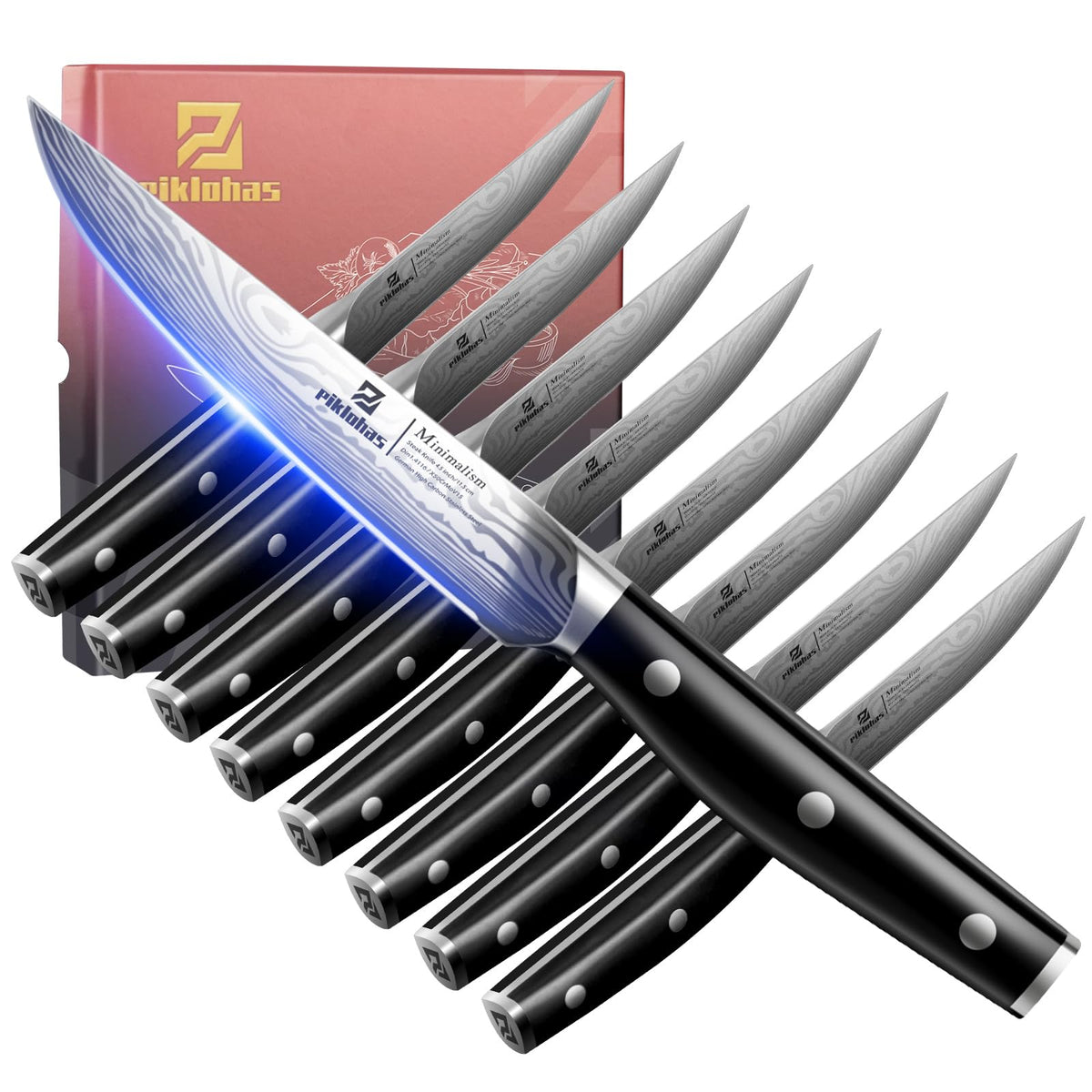 Piklohas front packaging showing full 8-piece steak knife set, professional presentation benefit