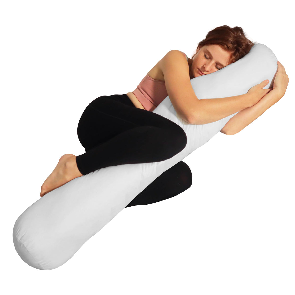 Pillowable front view of round body pillow showing compact profile and white cover for versatile support