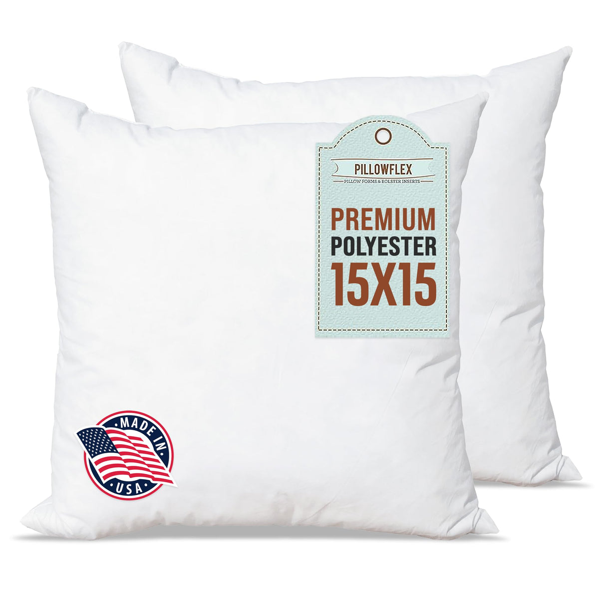 Pillowflex front packaging showing the 15x15 two-pack and benefits