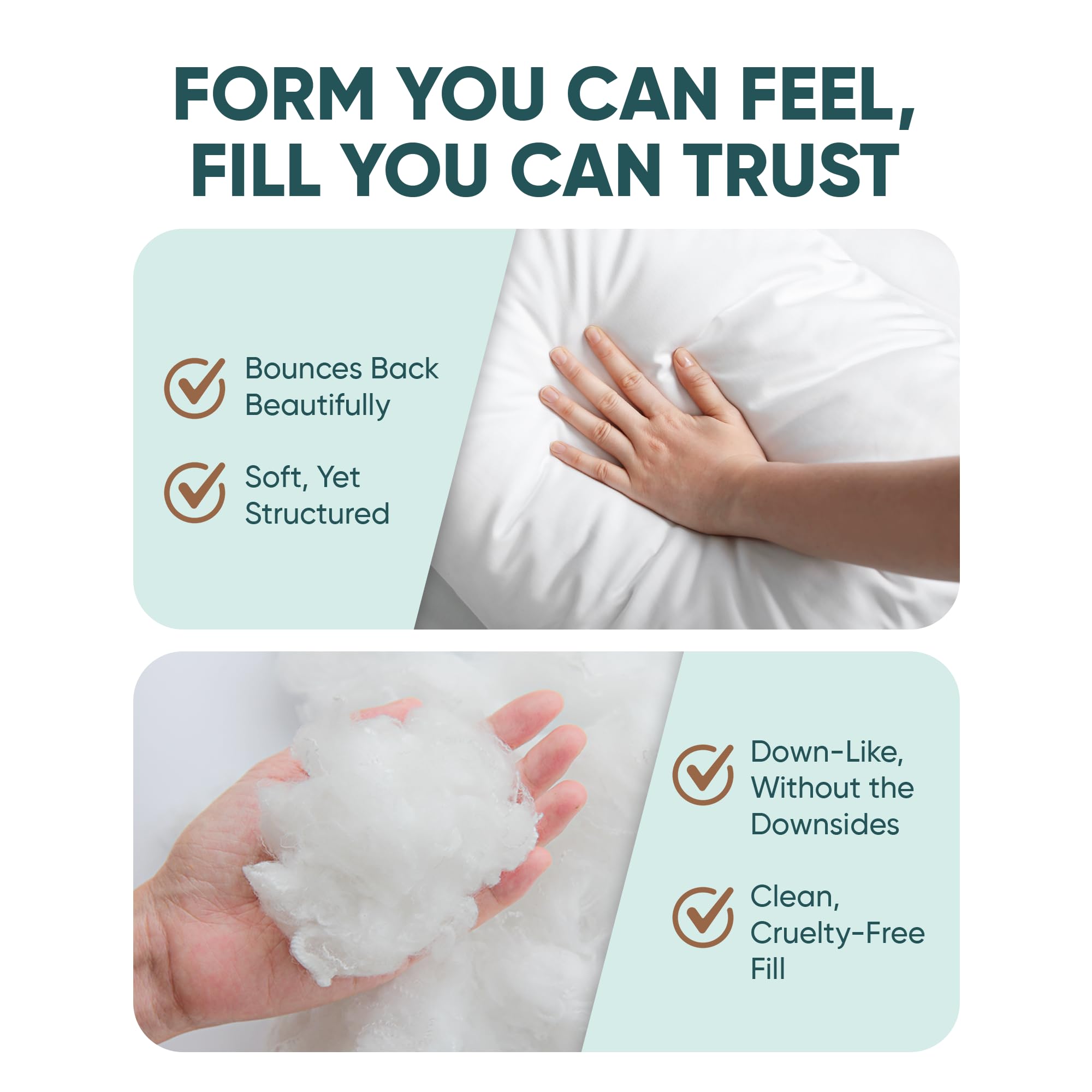 Pillowflex label and poly-cotton shell highlighting material quality