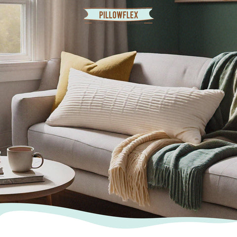 Pillowflex beside a ruler for clear 16x24 size comparison and scale benefit
