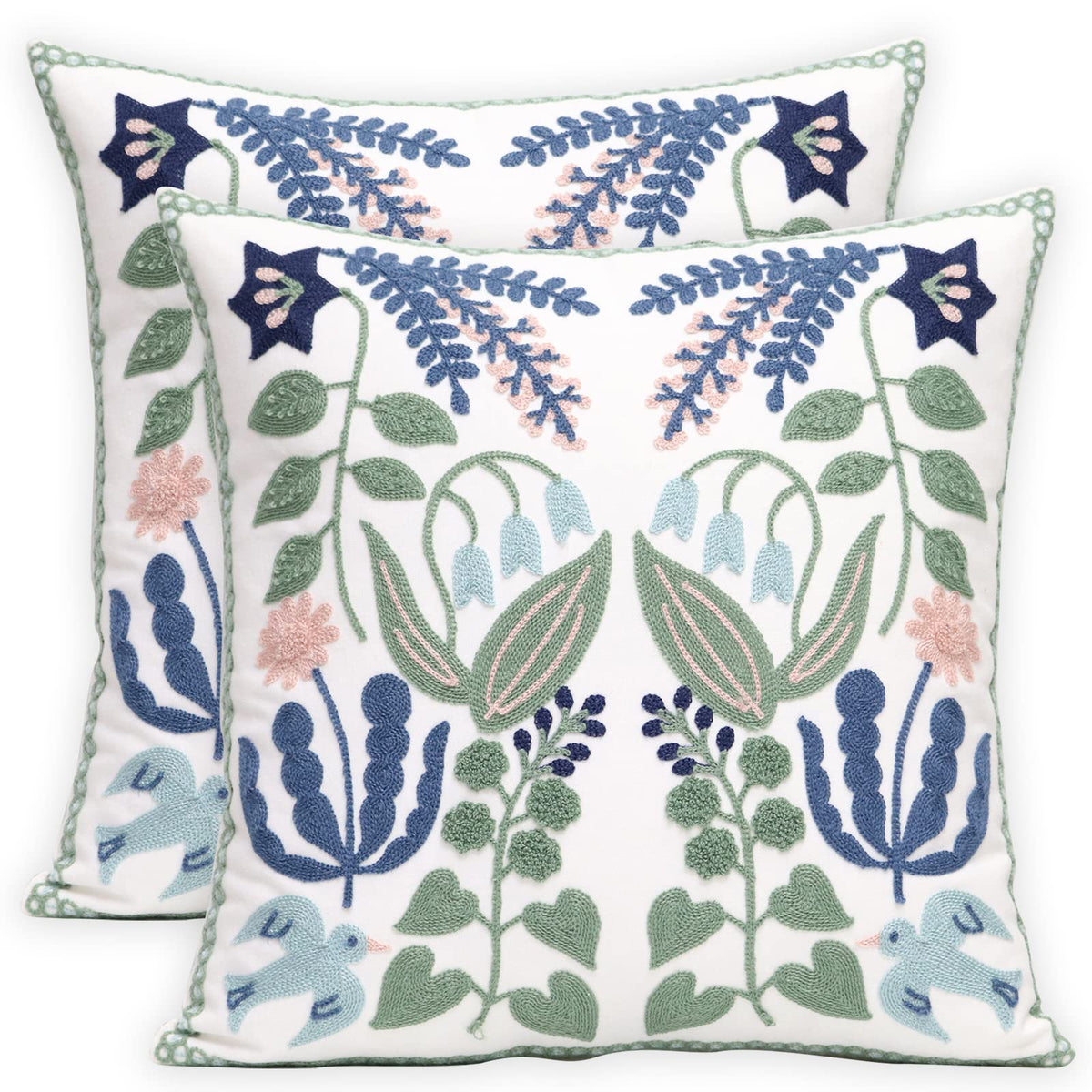 Pilmandu front view showing embroidered floral and bird motif, adds textured farmhouse charm
