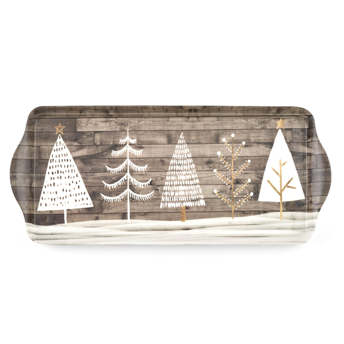 Pimpernel tray front view showing white tree graphic and wood print, enhances serving