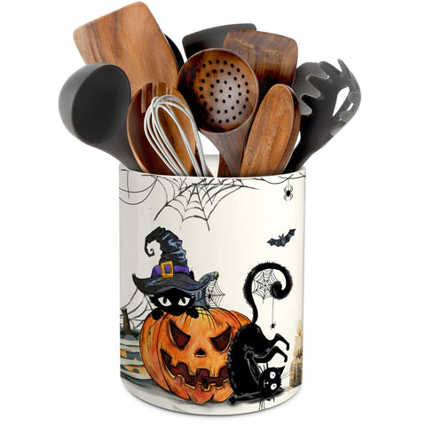 pinata front view showing Halloween cat design and organized utensils benefit