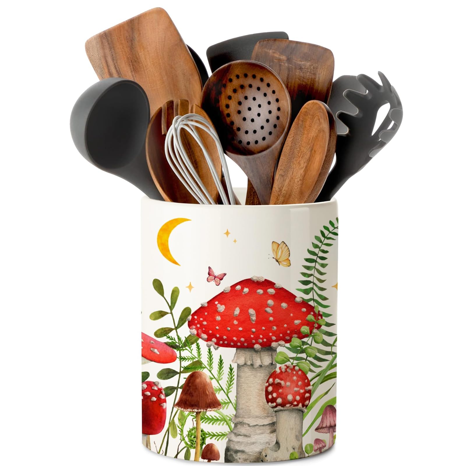 pinata front view of mushroom utensil holder shows whimsical storage and visual appeal