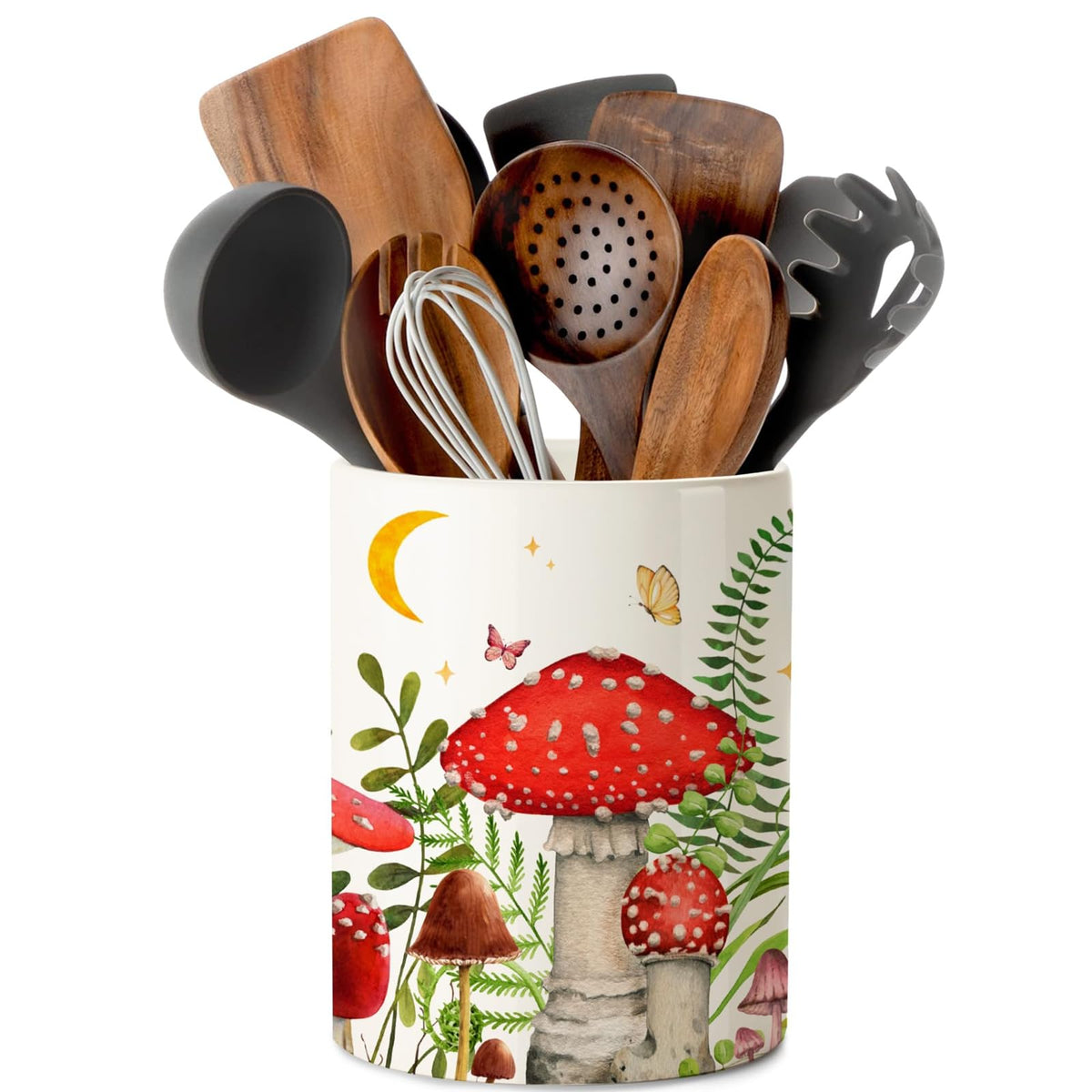 pinata front view of mushroom utensil holder shows whimsical storage and visual appeal