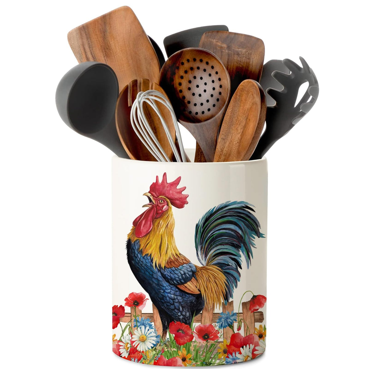 pinata front view of ceramic crock showing rooster motif and tidy countertop benefit