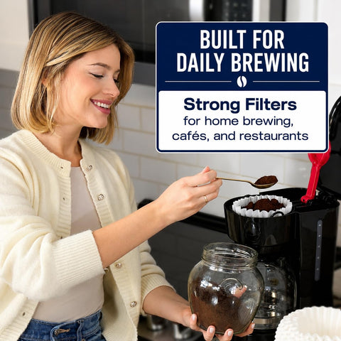 Pine & Pebble filters next to brewed coffee pitcher showing sediment-free pour