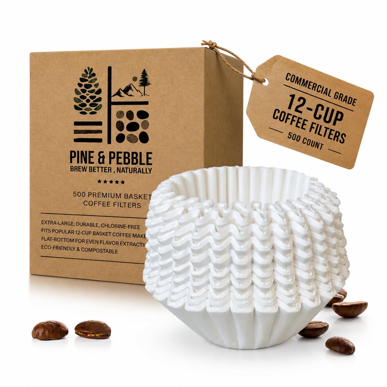 Pine & Pebble front box showing 500-count pack and brand for bulk convenience