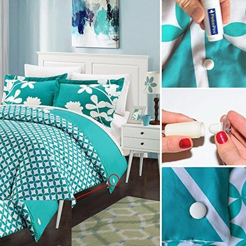 Pinion Pins in use at a bed corner keeping duvet and cover aligned for no-bunching