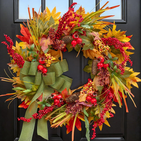 Pinkpuii front door wreath displayed on a wooden door, welcoming entry