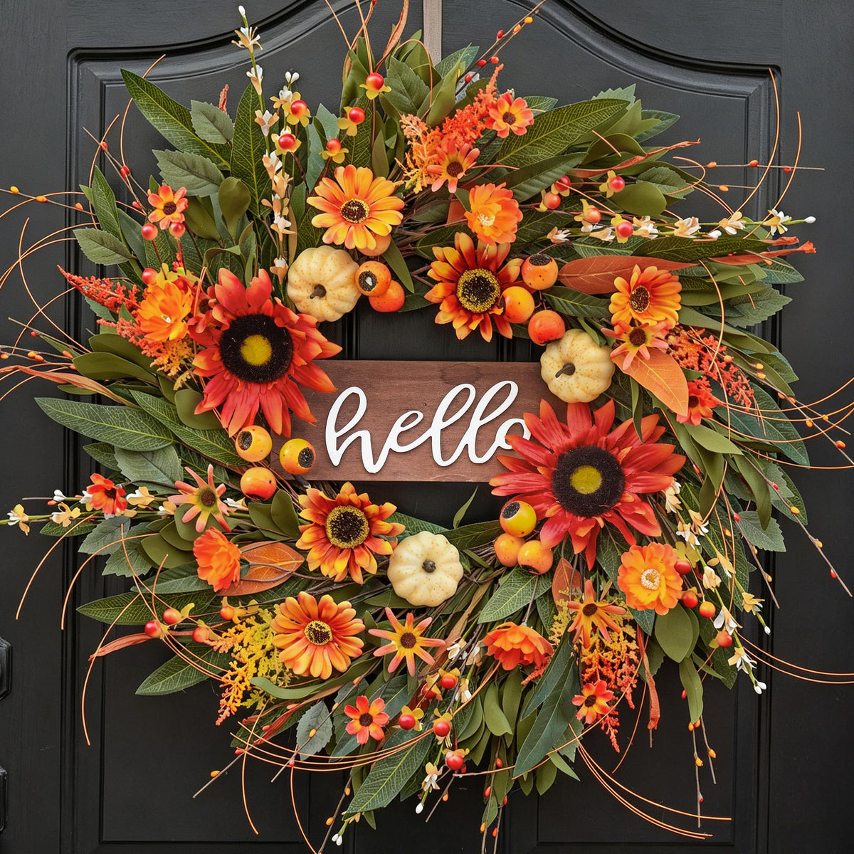 Pinkpuii front view wreath adds warm autumn curb appeal