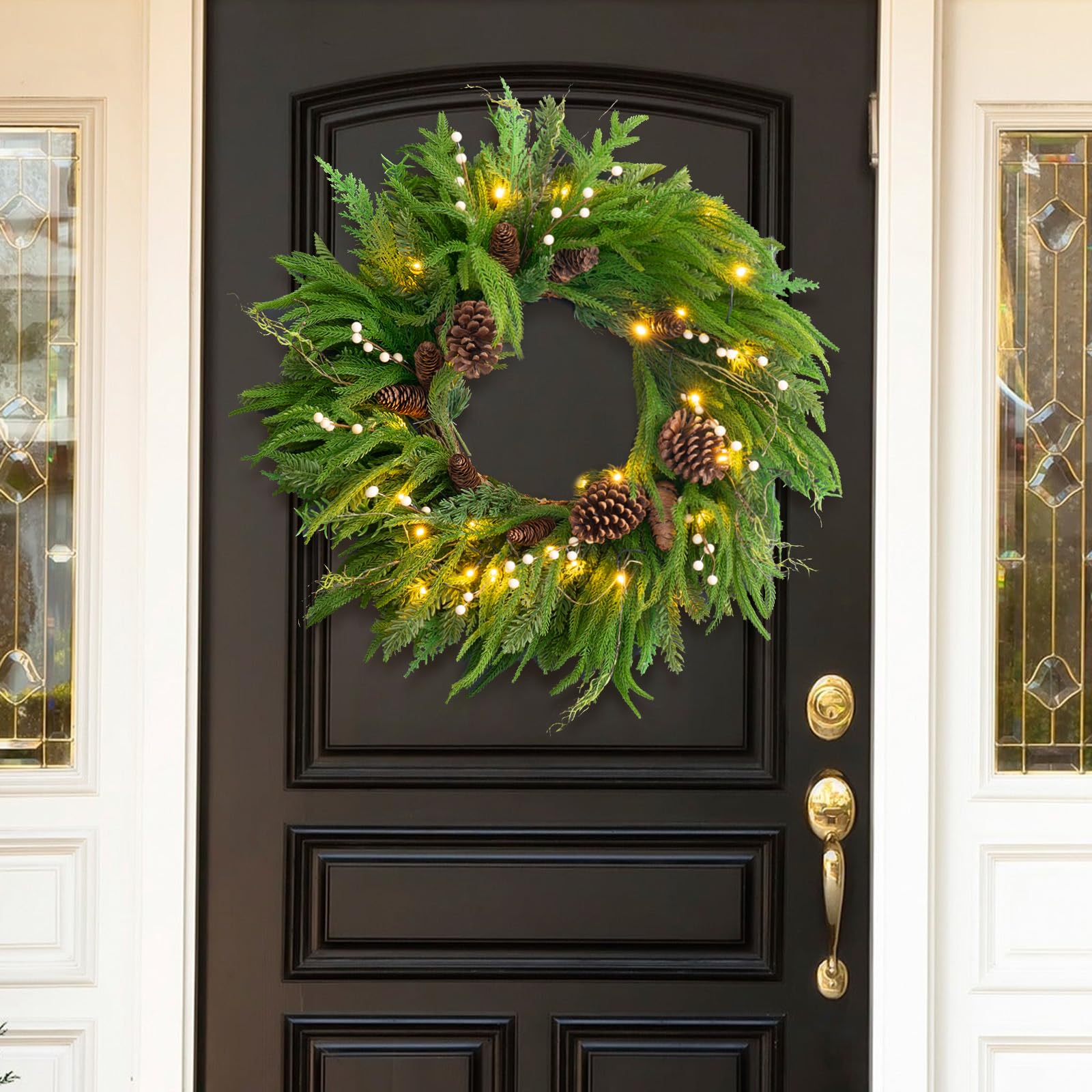 Pinkpuii prelit wreath glowing on porch at dusk for cozy ambiance