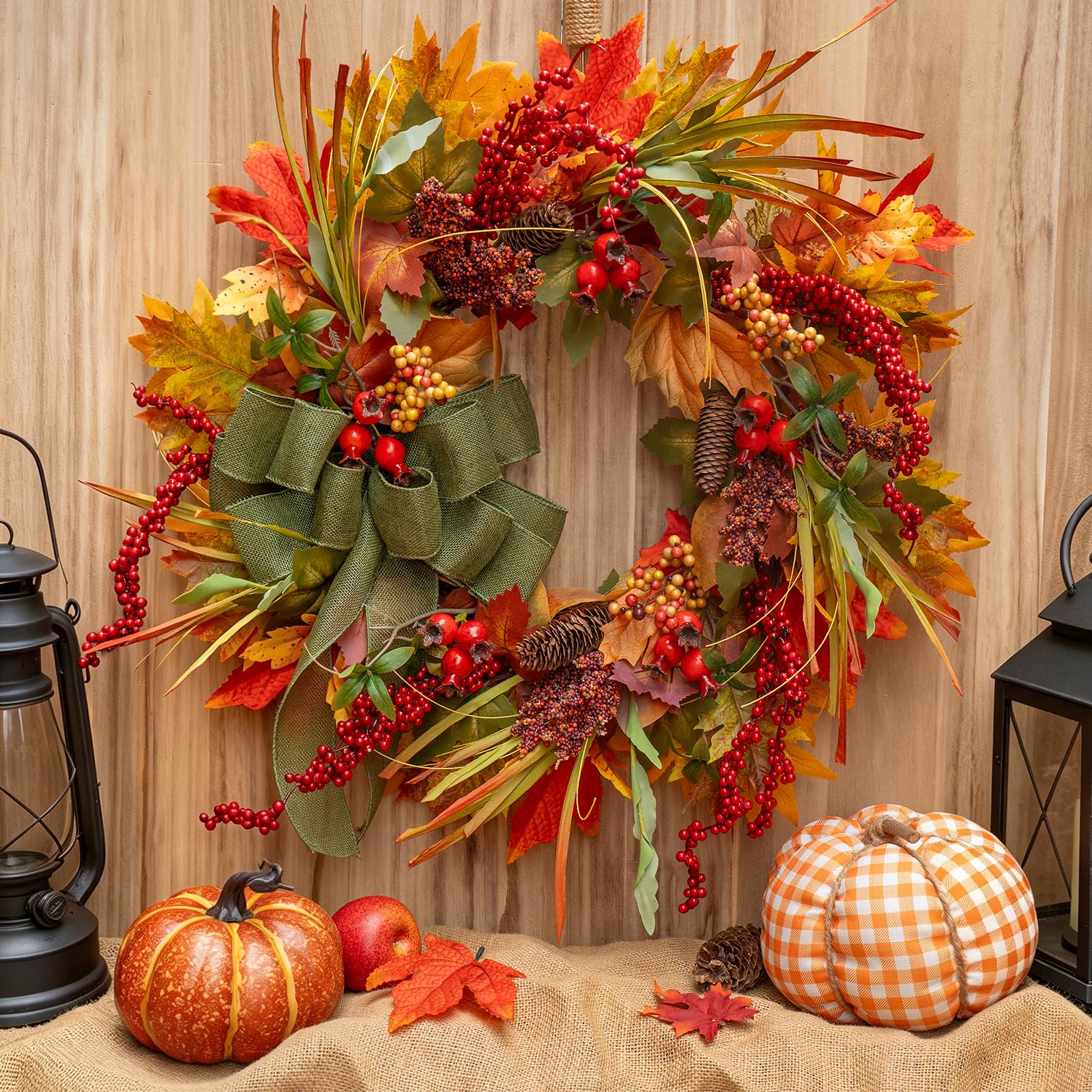 Pinkpuii wreath styled on mantel to coordinate with indoor fall decor