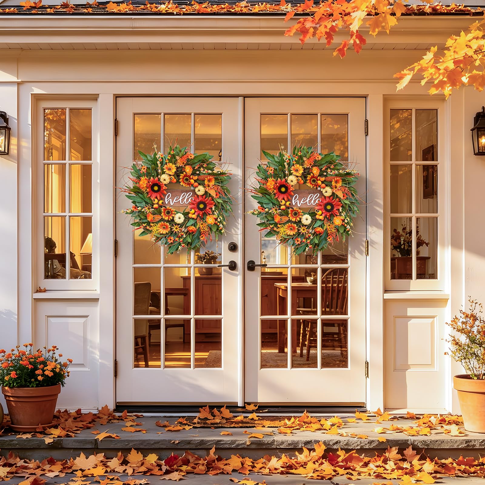 Pinkpuii wreath on porch door creates inviting seasonal entrance