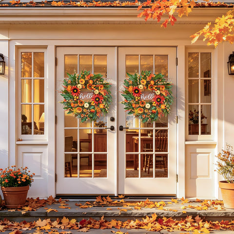 Pinkpuii wreath on porch door creates inviting seasonal entrance