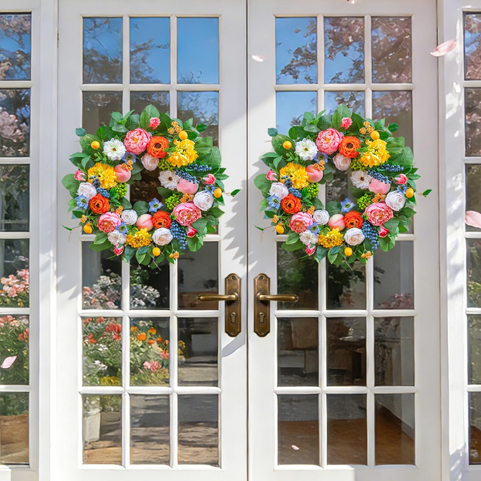 Pinkpuii 24-inch wreath on front door illustrating correct scale