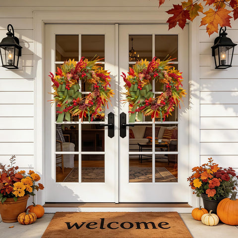 Pinkpuii wreath shown on full door to demonstrate true 24-inch scale