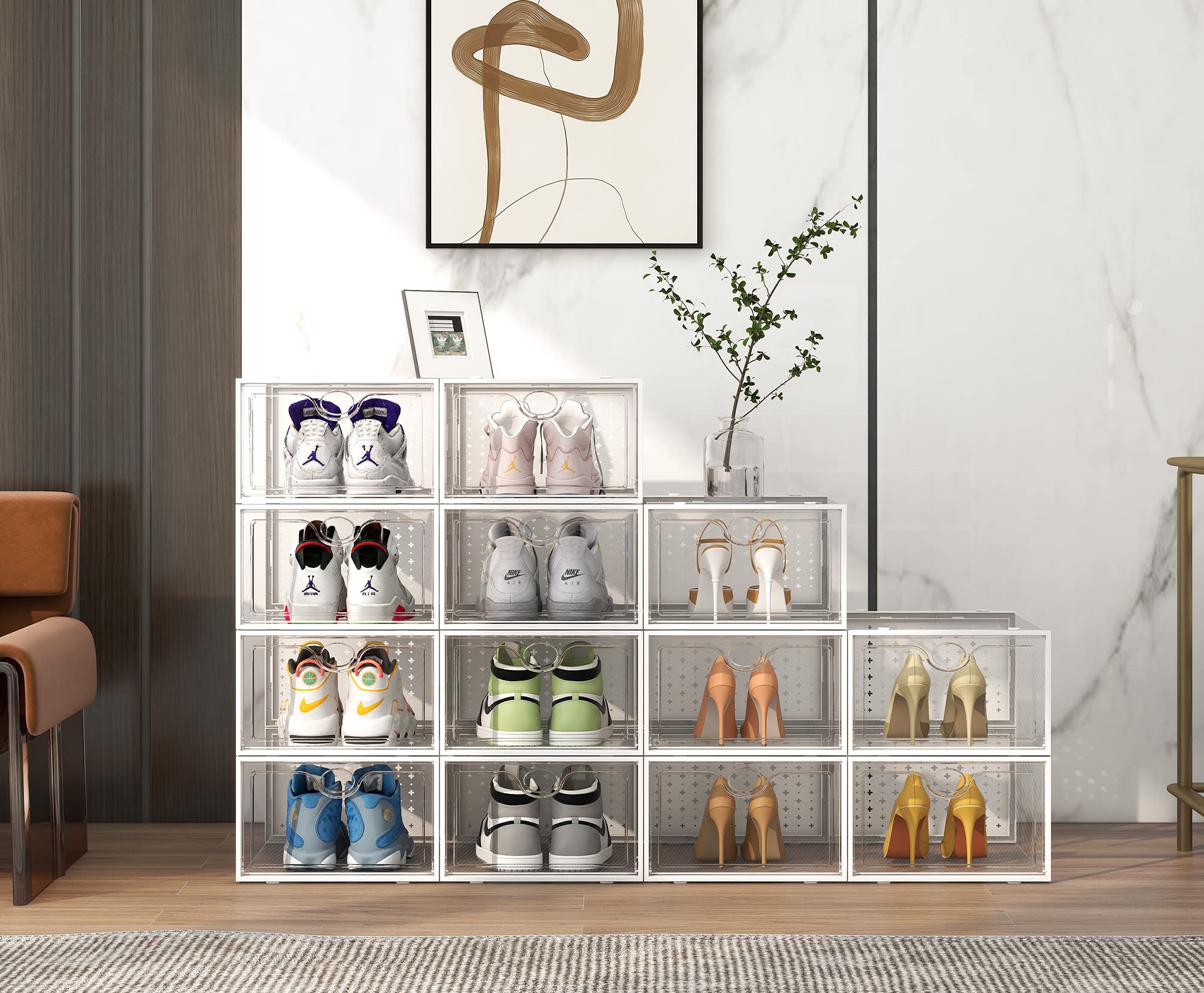 Pinkpum clear boxes on closet shelf creating tidy, visible storage