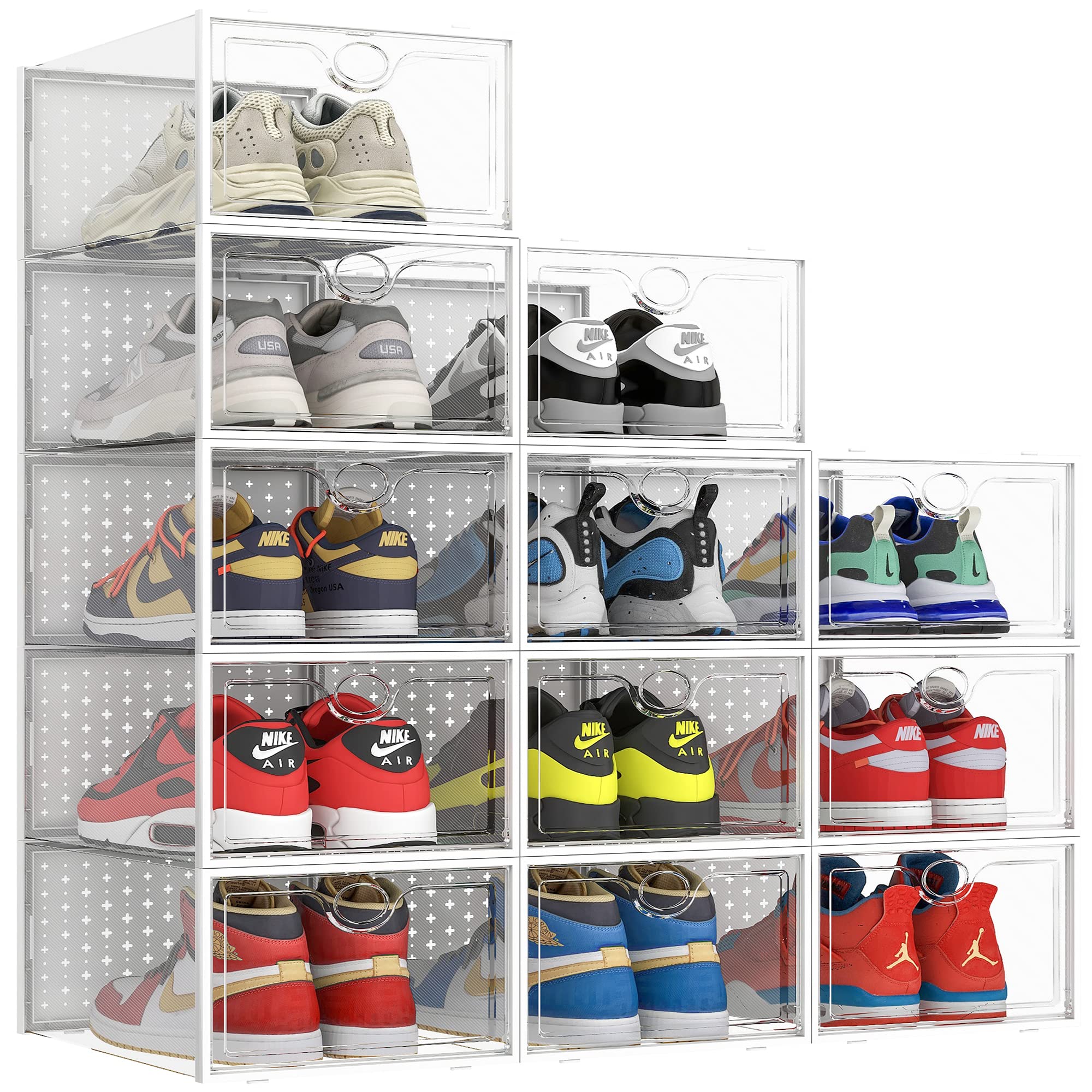 Pinkpum front view of stacked clear boxes showing organized shoes and space saving