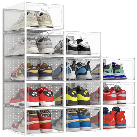 Pinkpum front view of stacked clear boxes showing organized shoes and space saving