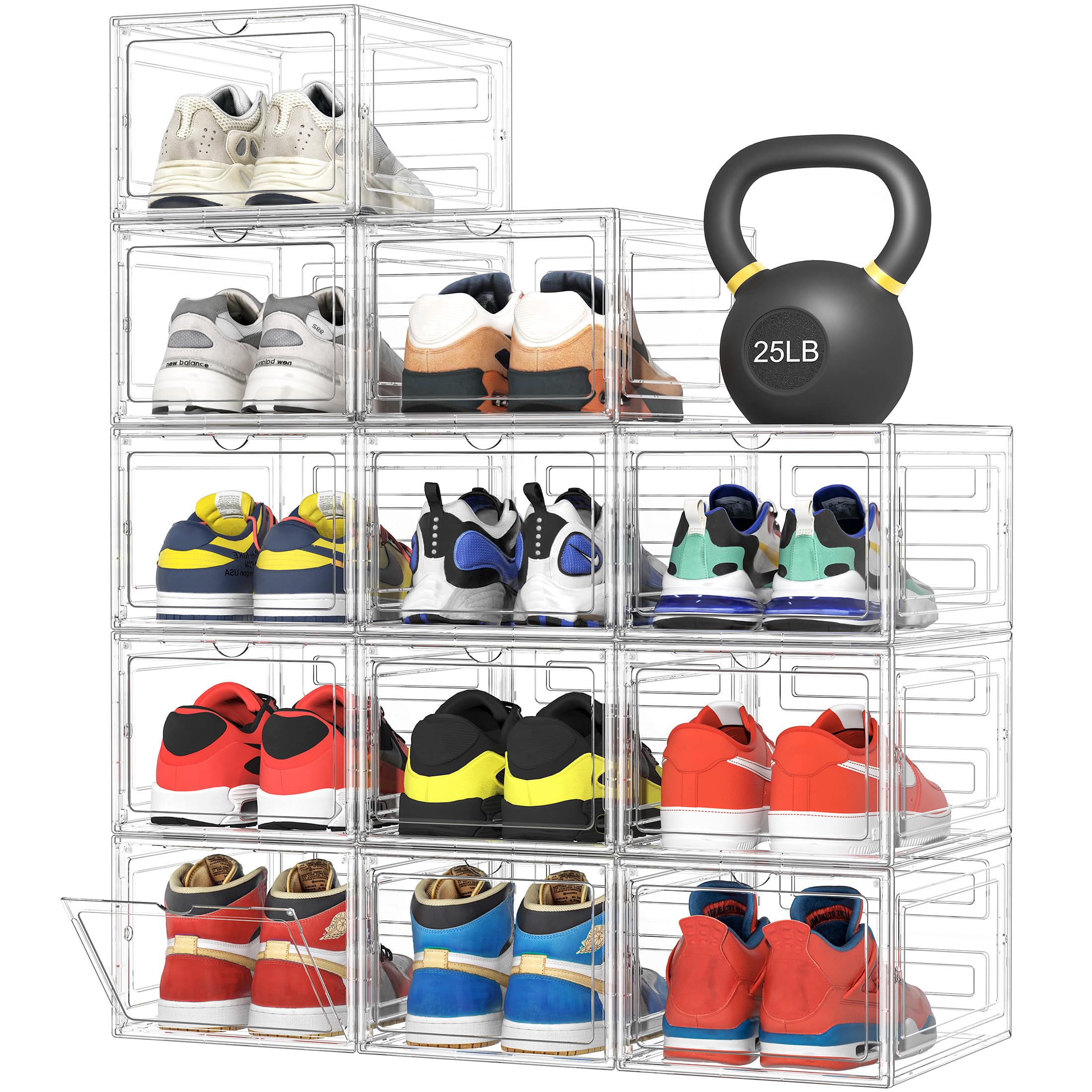 Pinkpum front view of 12-pack clear shoe boxes showing neat protection