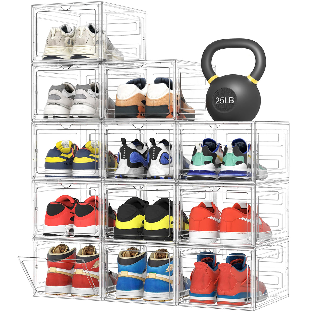 Pinkpum front view of 12-pack clear shoe boxes showing neat protection
