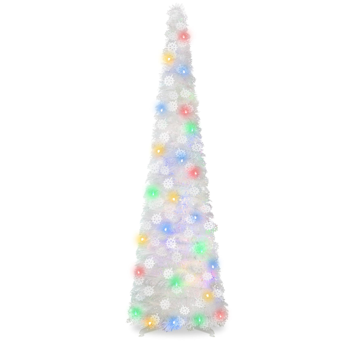 Pinkswan front view of white pencil tree showing slim profile and holiday sparkle