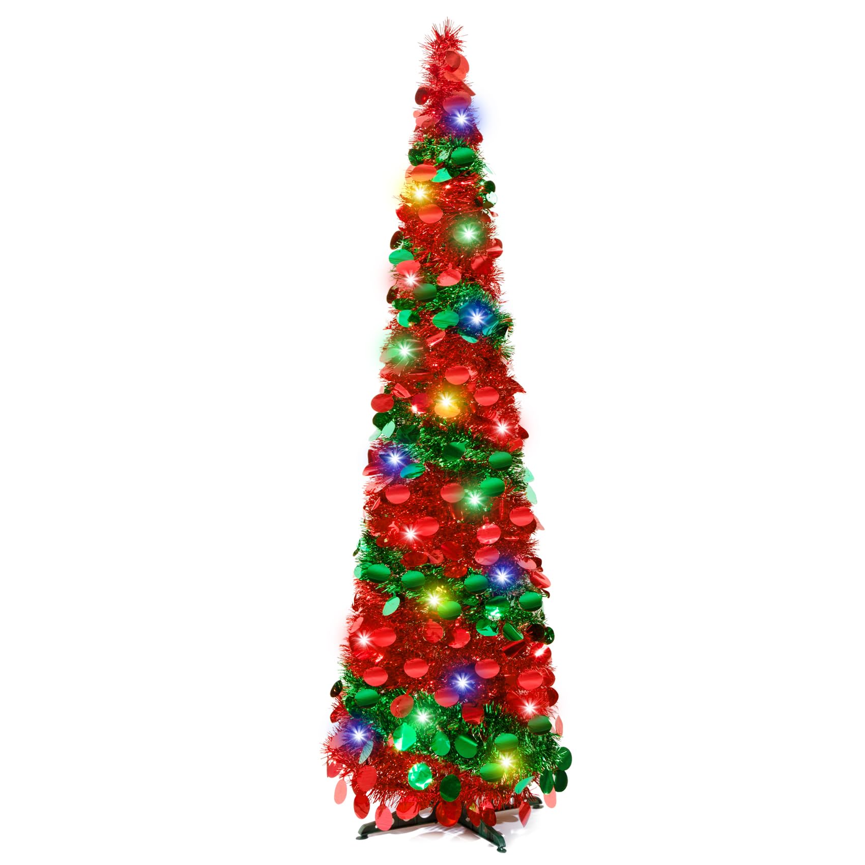 Pinkswan front view of 5ft slim red and green tinsel tree showing overall shape and sparkle