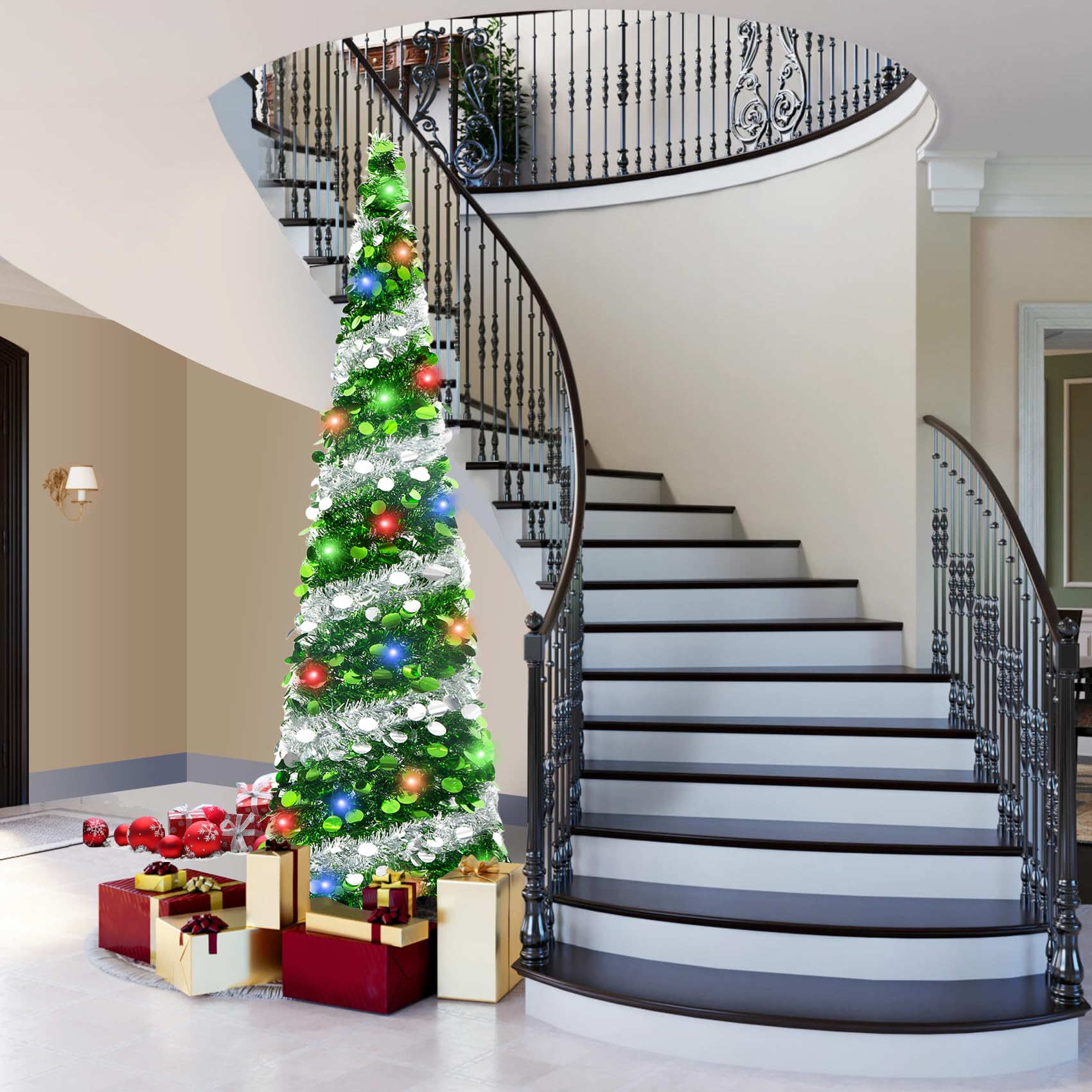 Pinkswan slim tree placed in an apartment corner saving space while decorating