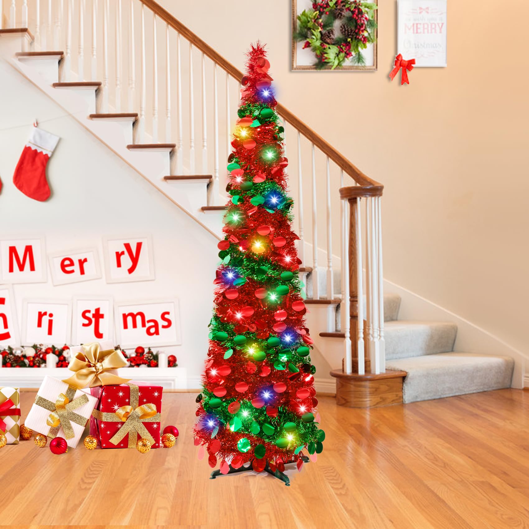 Pinkswan lit tree in living room showing battery LED lights creating festive atmosphere