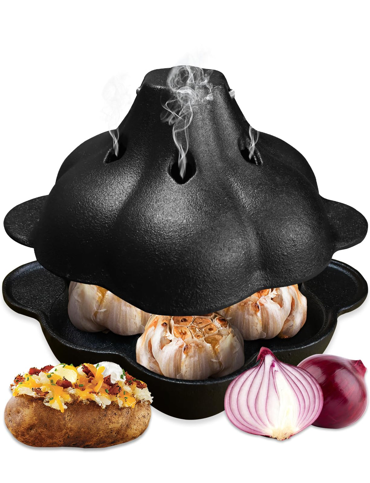 Pinra front view of garlic-shaped roaster showing durable pre-seasoned finish and even heat benefit