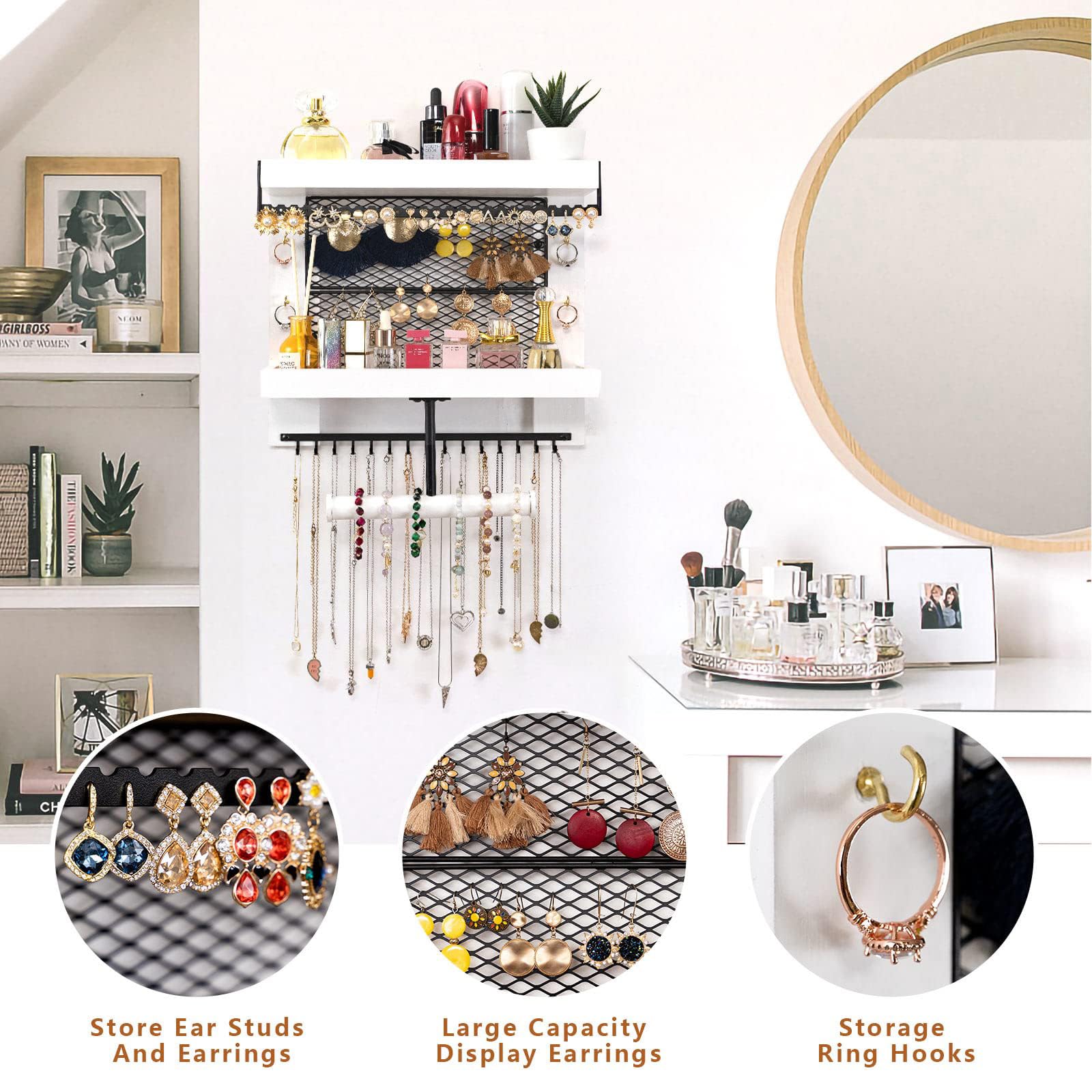 Pinzoveco double shelf close-up showing cosmetics storage and quick-access benefit