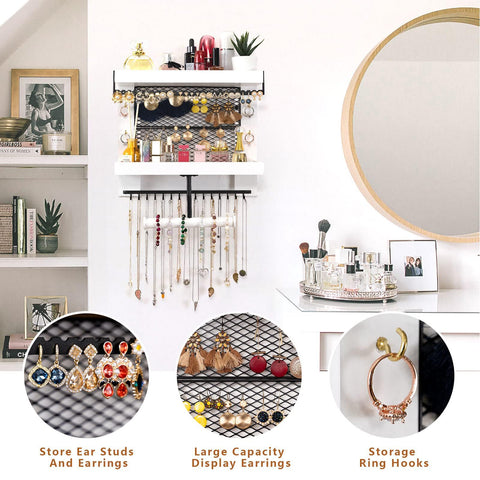 Pinzoveco double shelf close-up showing cosmetics storage and quick-access benefit