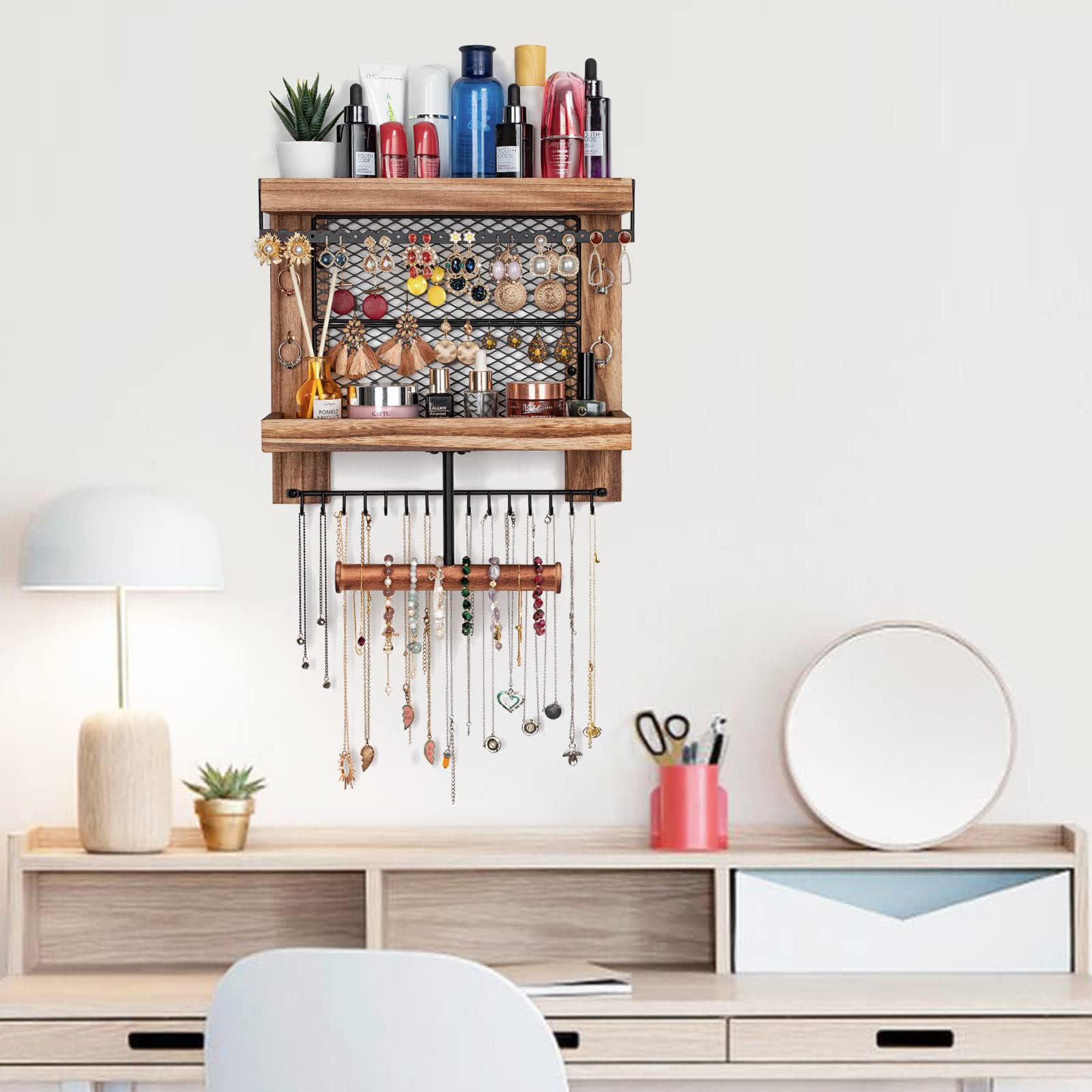 Pinzoveco styled on dresser with cosmetics to save surface space and display items