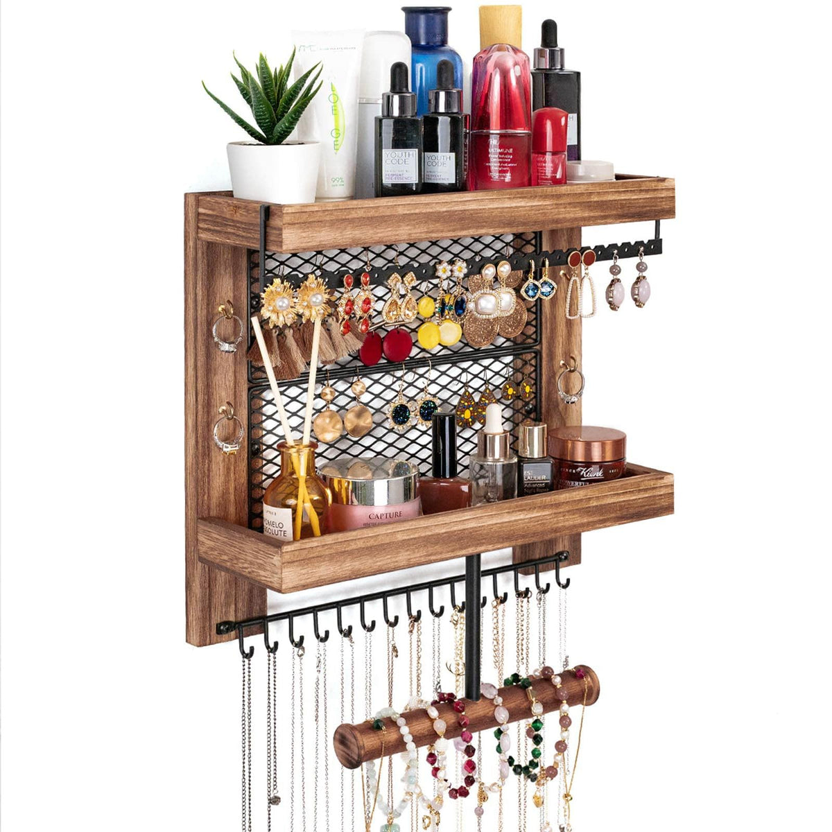 Pinzoveco front view of rustic wood organizer showing full storage and tidy display