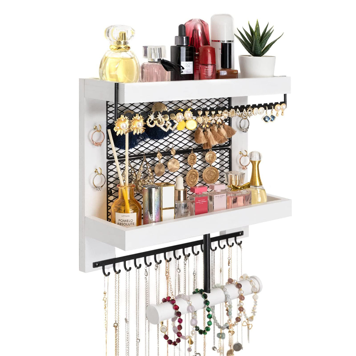 Pinzoveco front view showing complete wall-mounted jewelry organizer and tidy storage benefit