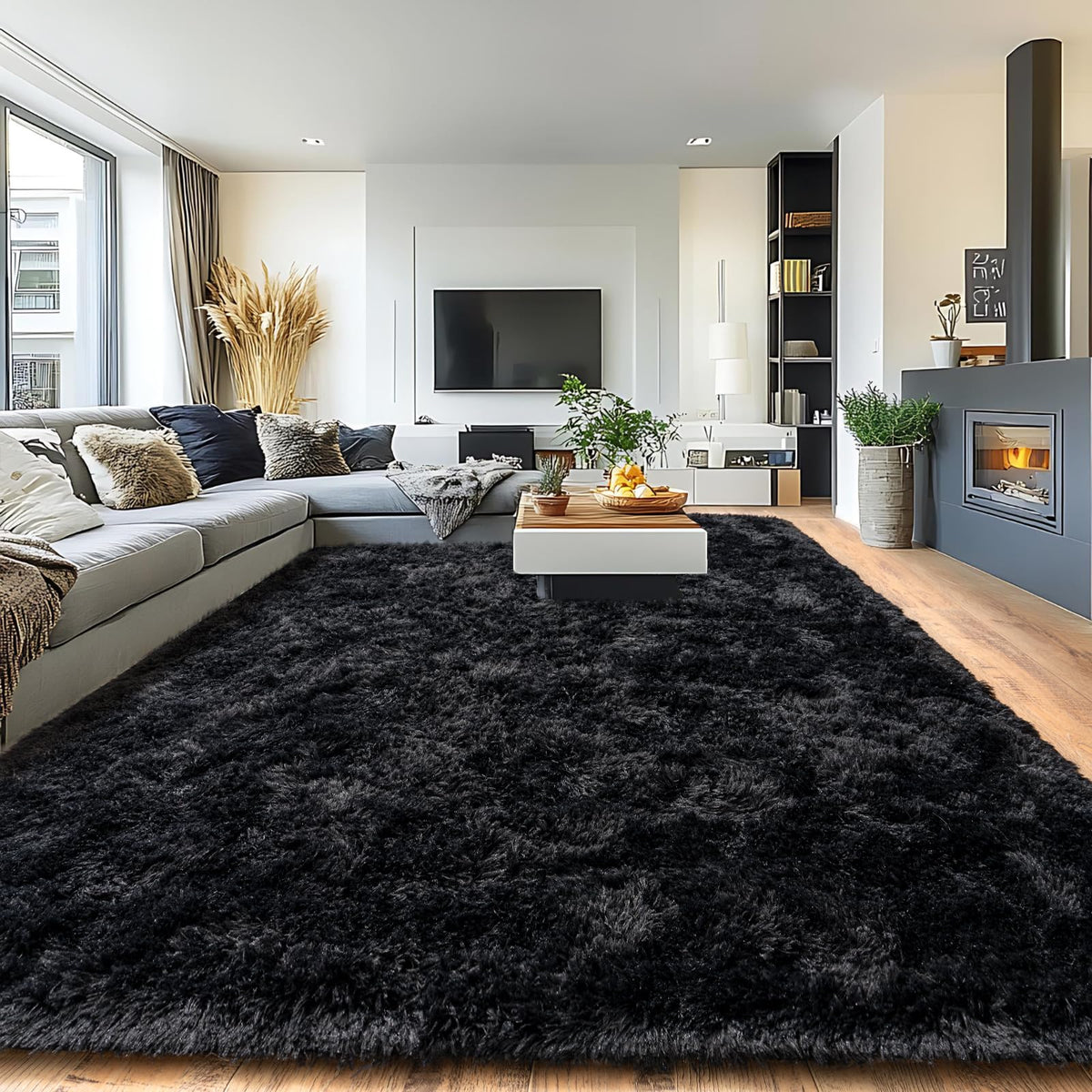Pionblank front view of 8x10 black rug showing full fit and modern look for room anchoring