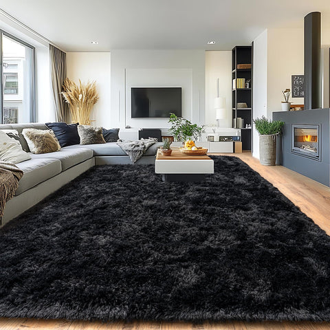 Pionblank front view of 8x10 black rug showing full fit and modern look for room anchoring