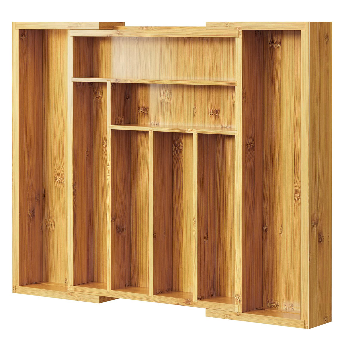 Pipishell front view of bamboo expandable silverware organizer showing neat layout and benefit of tidy storage
