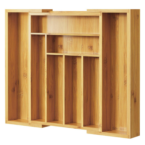 Pipishell front view of bamboo expandable silverware organizer showing neat layout and benefit of tidy storage