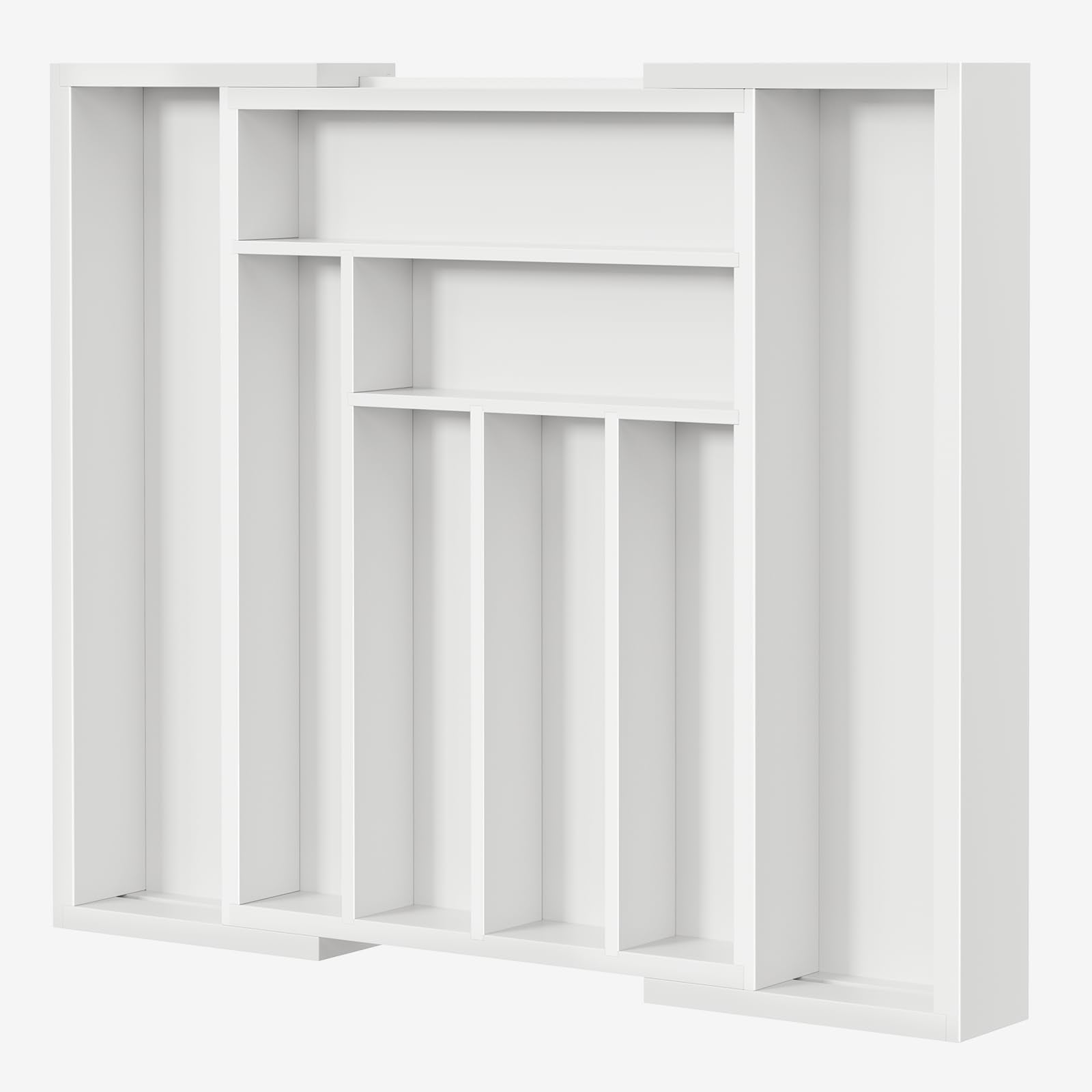 Pipishell front view of white bamboo organizer showing neat compartments and tidy storage benefit